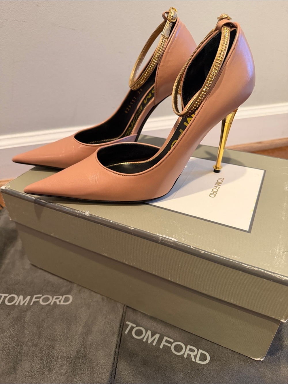 Tom Ford Nude Pink Pointed-Toe Gold-Heel Ankle-Strap Pumps